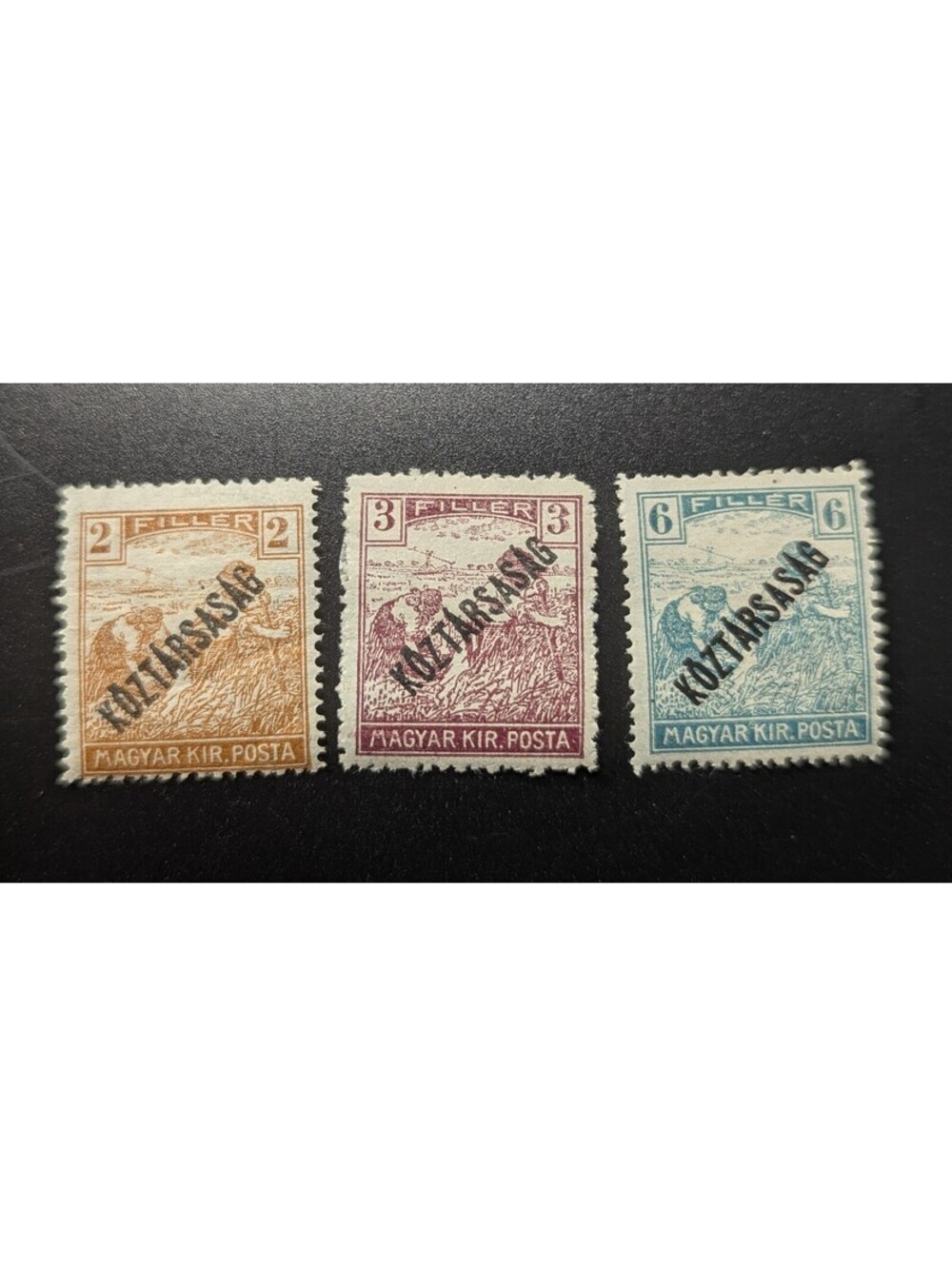 Hungary 1918 Koztarsasag Overprint Stamps Lot 2f 3f 6f Reaper Harvester Mint